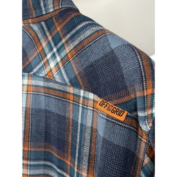Off The Grid Destroyer Flannel Shirt Men’s XL Blue Orange Plaid Long Sleeve - Picture 4 of 14